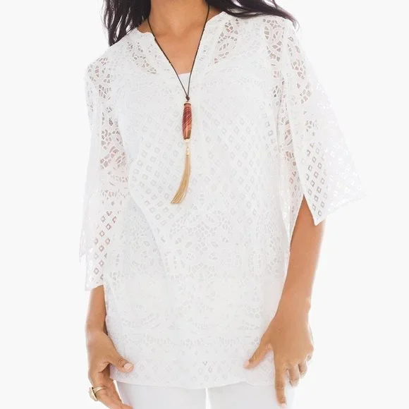 Chicos White Lace Tunic Top Size 2 L Cotton Blend Length 29" Excellent Condition - Picture 2 of 10